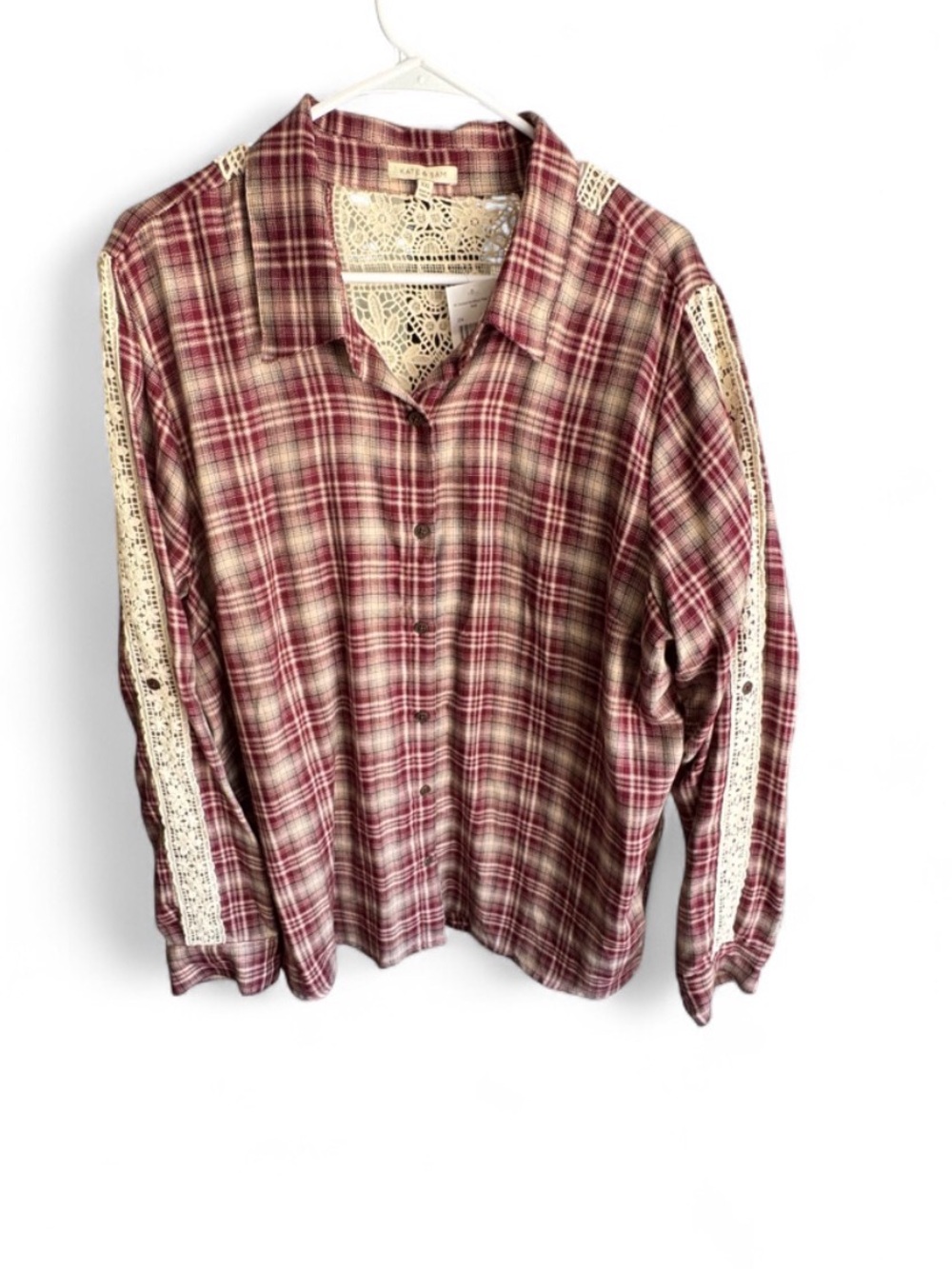 NWT Kate & Sam Burgundy Plaid Crochet Lace Blouse - XXL